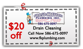 $20 off coupon for drain cleaning from Frost & Kretsch Plumbing, featuring contact information and website link.