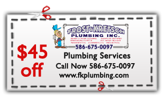 Coupon offering $45 off plumbing services from Frost & Kretsch Plumbing, featuring contact number 586-675-0097 and website www.fkplumbing.com.