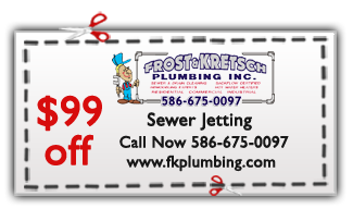 $99 off coupon for sewer jetting service from Frost & Kretsch Plumbing, featuring contact number and website for Macomb Plumbers.