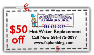 $50 off coupon for hot water replacement from Frost & Kretsch Plumbing, featuring contact number and website.