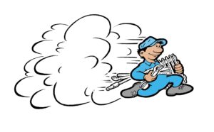 Plumber in blue uniform carrying plumbing tools with motion lines, representing quick and efficient sewer cleaning and repair services by Frost & Kretsch Plumbing.