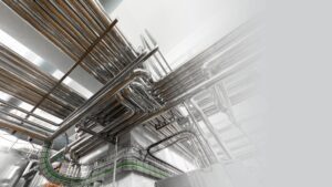 Pipes and plumbing infrastructure in a commercial setting, illustrating advanced plumbing systems relevant to Frost & Kretsch Plumbing's services in Mount Clemens.