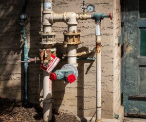 Plumbing pipes and valves with visible gauges and a red lockout tag, illustrating plumbing infrastructure relevant to Frost & Kretsch Plumbing's services in Richmond, MI.