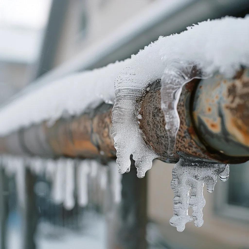 Close-up of a frost-covered pipe showing bulging where freezing has occurred