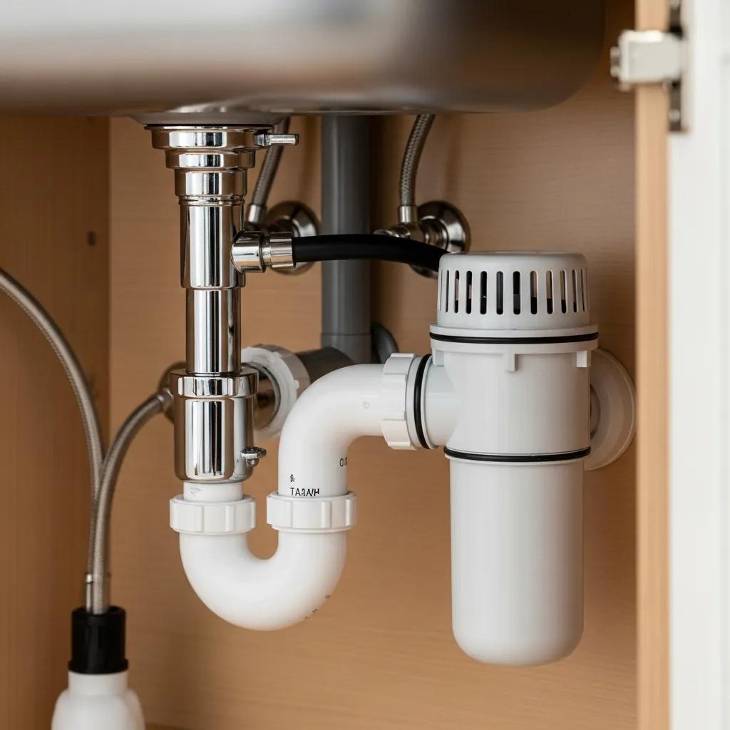 Air admittance valve mounted under an island sink cabinet