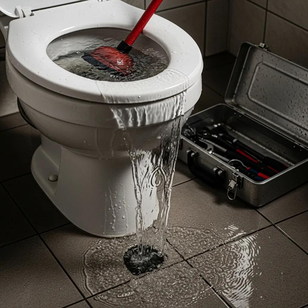 Clogged toilet with a plunger and overflowing water — common toilet problem needing immediate attention