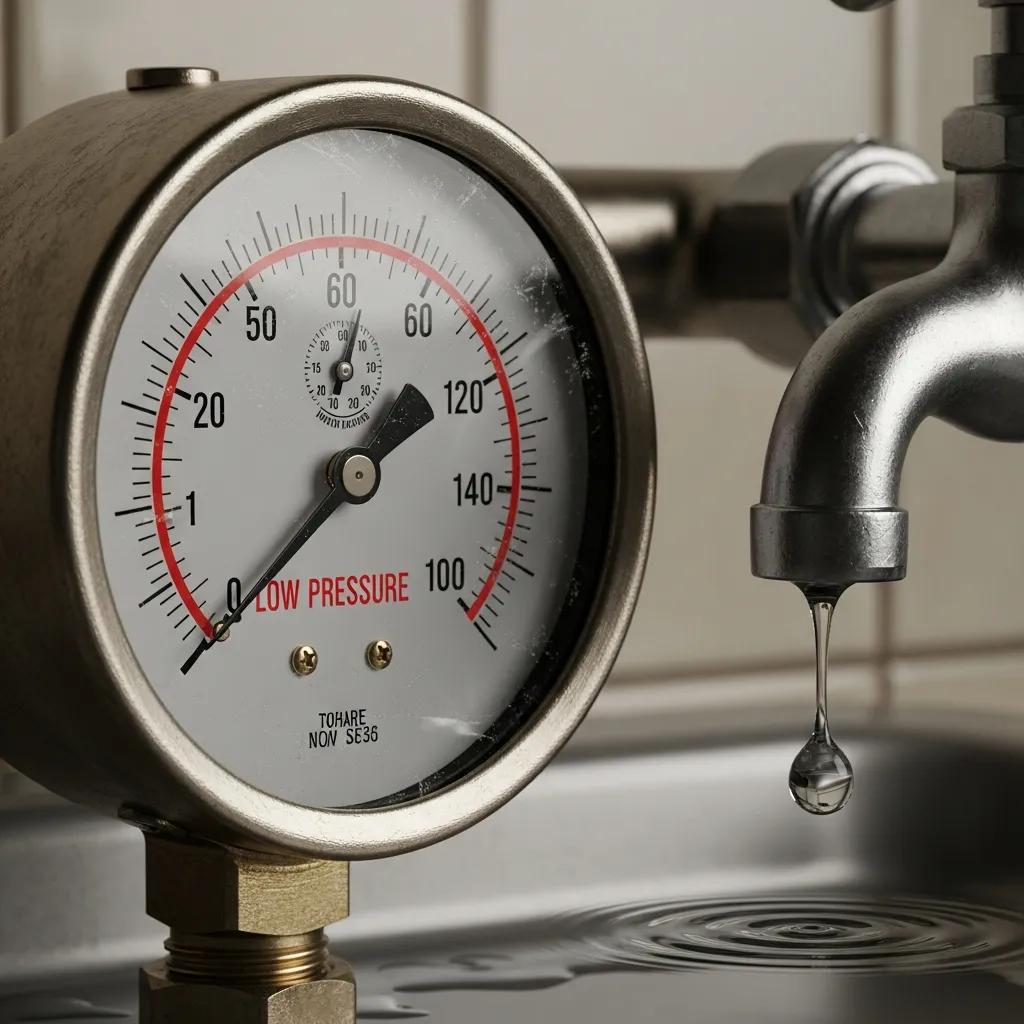 Water pressure gauge showing a low reading beside a home faucet