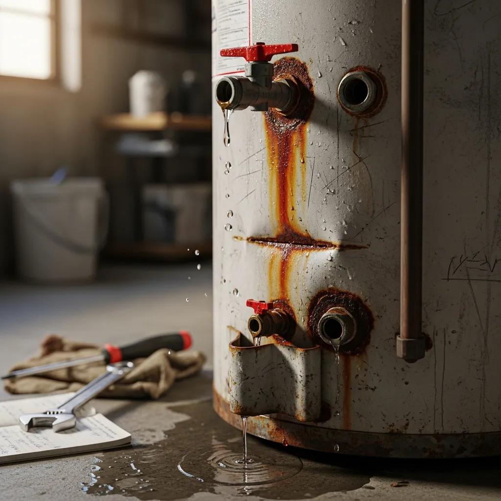 Close-up of a worn water heater with visible rust and a small leak