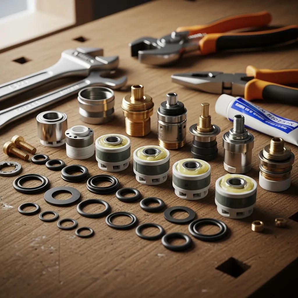 Close-up of faucet components including washers, cartridges, and O-rings on a wooden surface, illustrating common faucet repair needs and issues relevant to plumbing services in Macomb Township.
