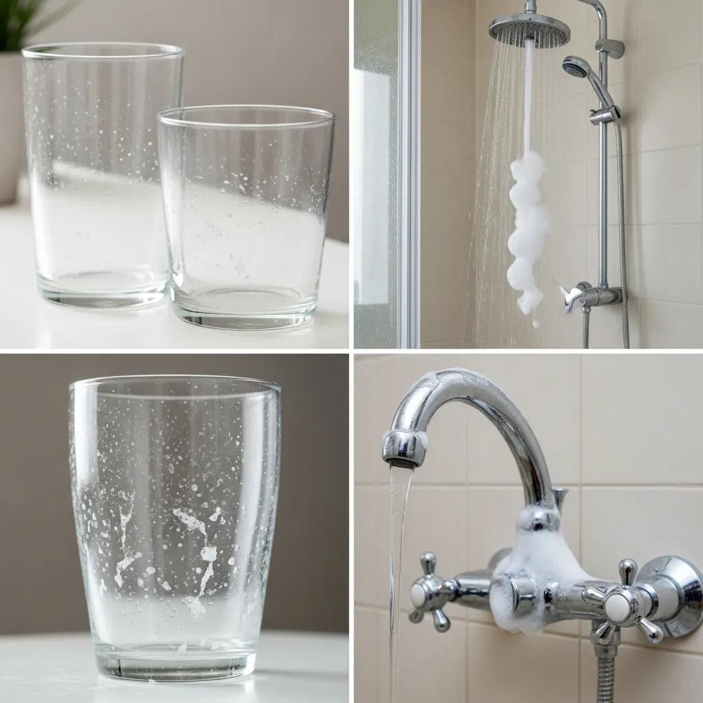Glassware with mineral spots and a faucet with scale buildup, common hard water signs