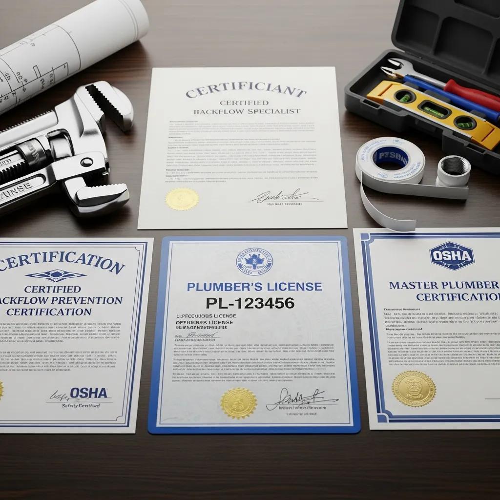 Close-up of plumbing credentials including a plumber's license, master plumber certification, and backflow prevention certification, emphasizing the importance of verifying qualifications for plumbing services.