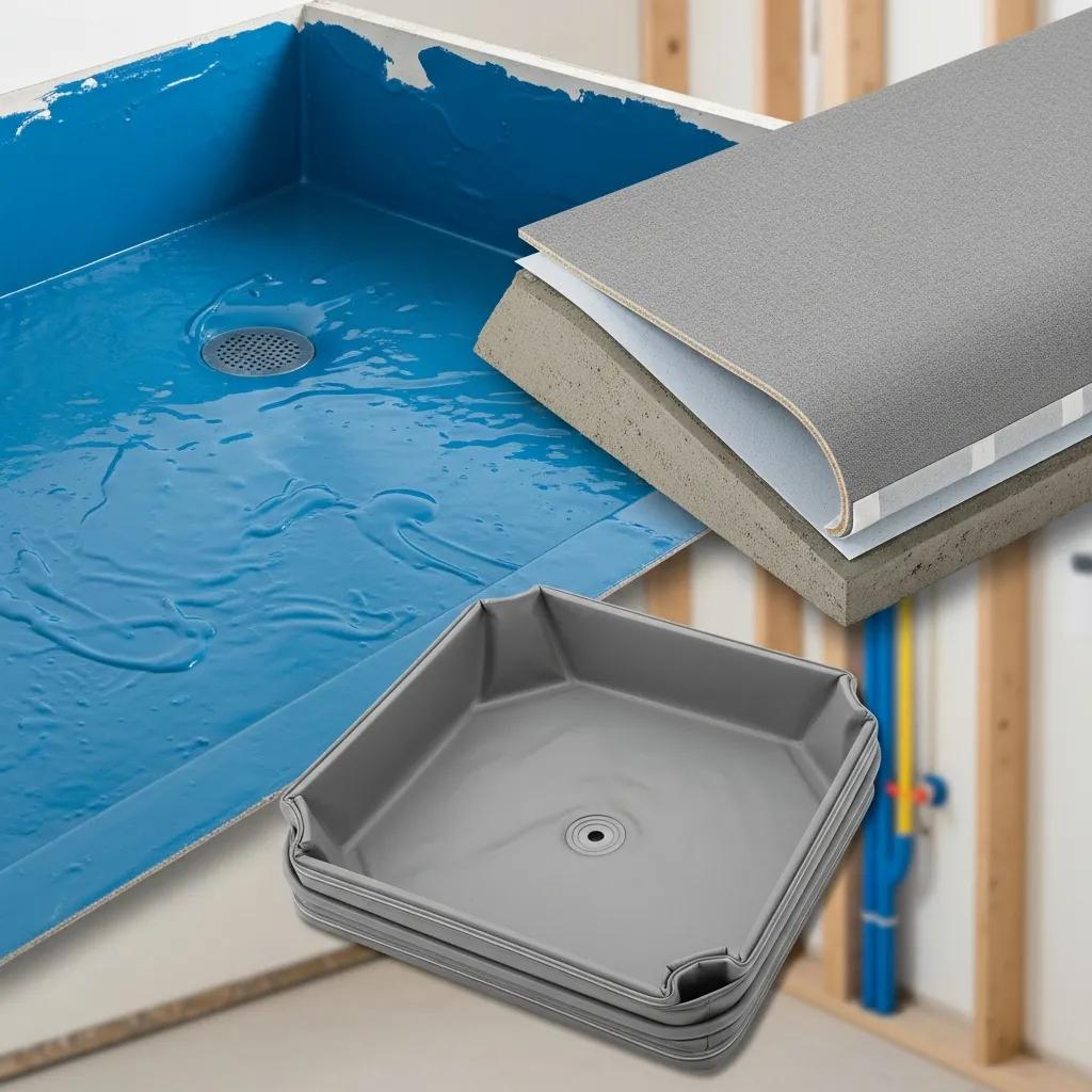 Close-up view of waterproofing materials: liquid membrane, sheet membrane, and liner for shower pans