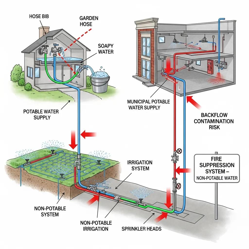 Diagram illustrating common cross-connections in residential and commercial properties, highlighting backflow contamination risks between potable and non-potable water supplies, including irrigation systems, hose bibs, and fire suppression systems.