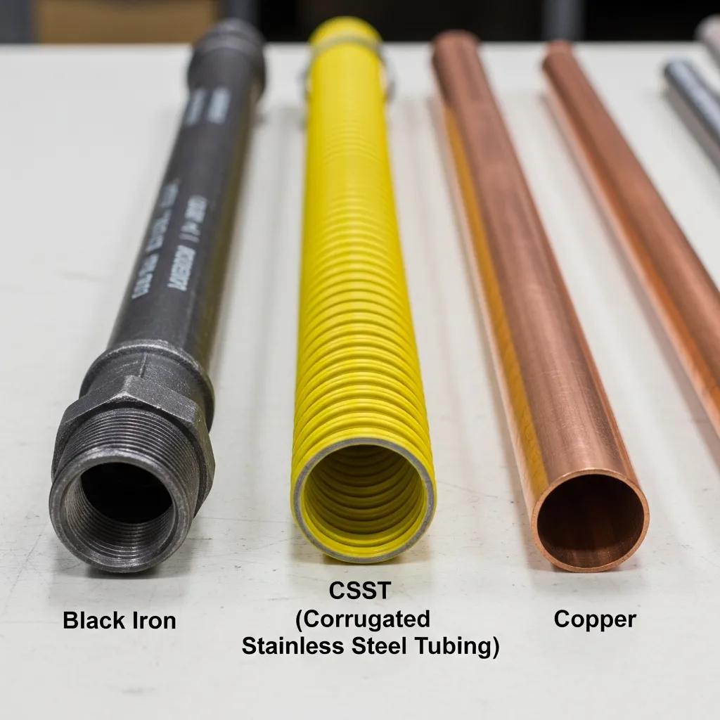 Examples of gas piping materials: black iron, copper, and CSST on a workbench
