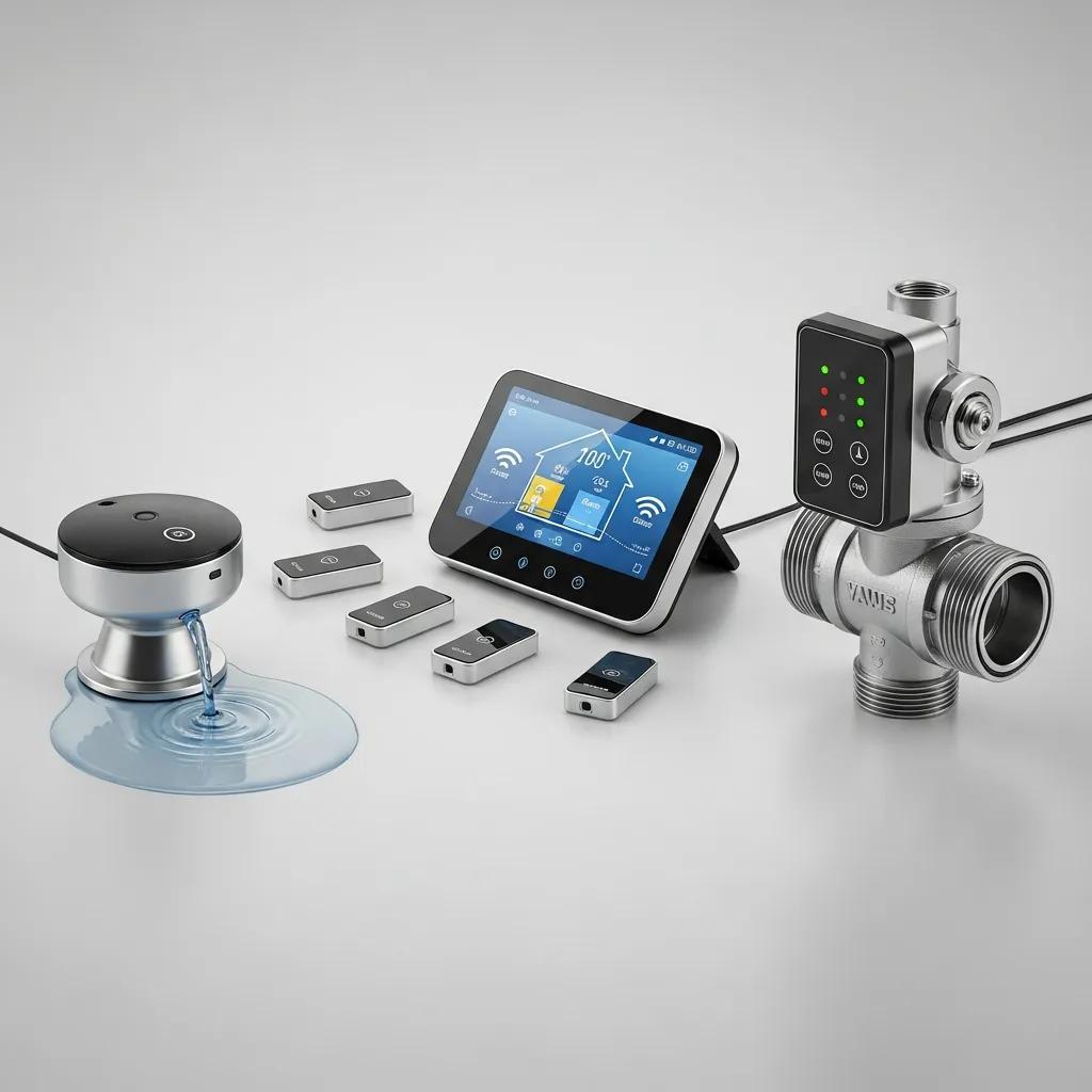 Three common smart leak detectors: point sensor, whole‑home flow monitor, and motorized shut‑off valve