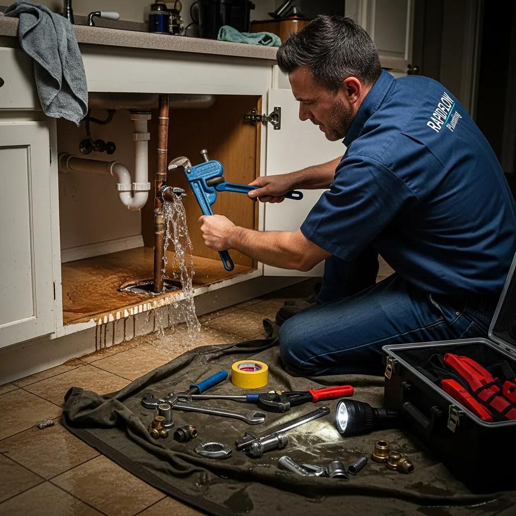 Emergency plumber fixing a burst pipe in a home to stop water damage