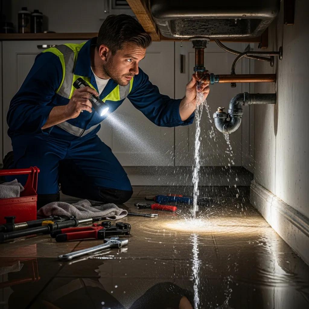 Emergency plumber assessing a burst pipe to provide urgent containment and repairs