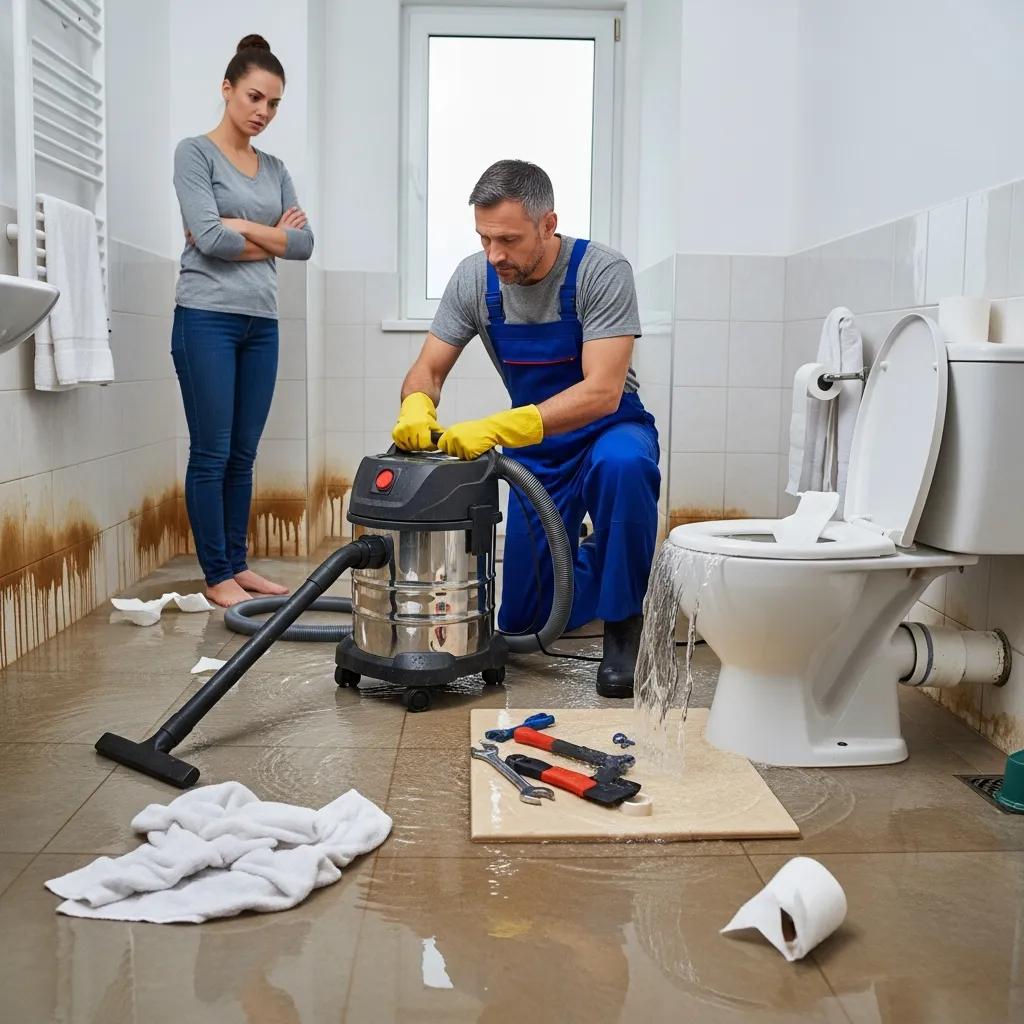Emergency plumber handling a toilet overflow with a wet vacuum — urgent toilet repair response