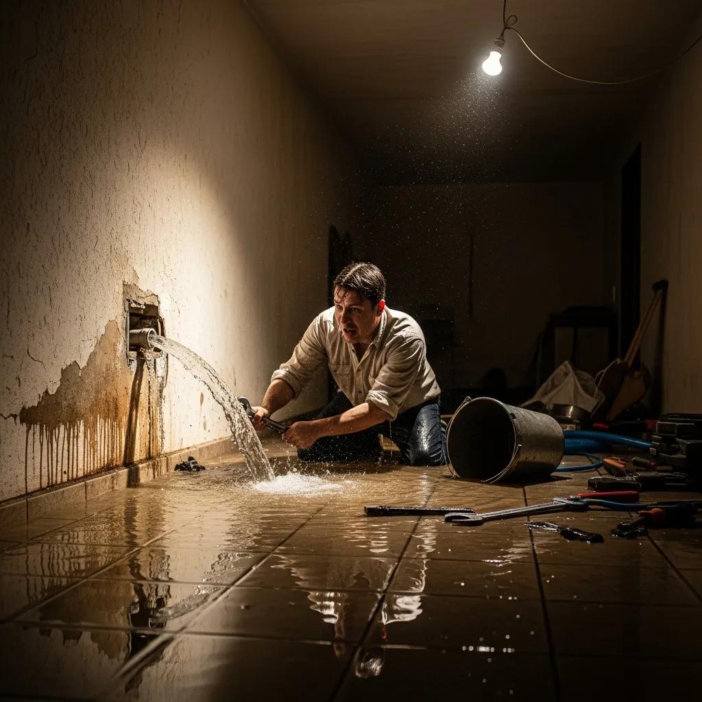 Home flooding emergency with plumbers responding to stop the leak