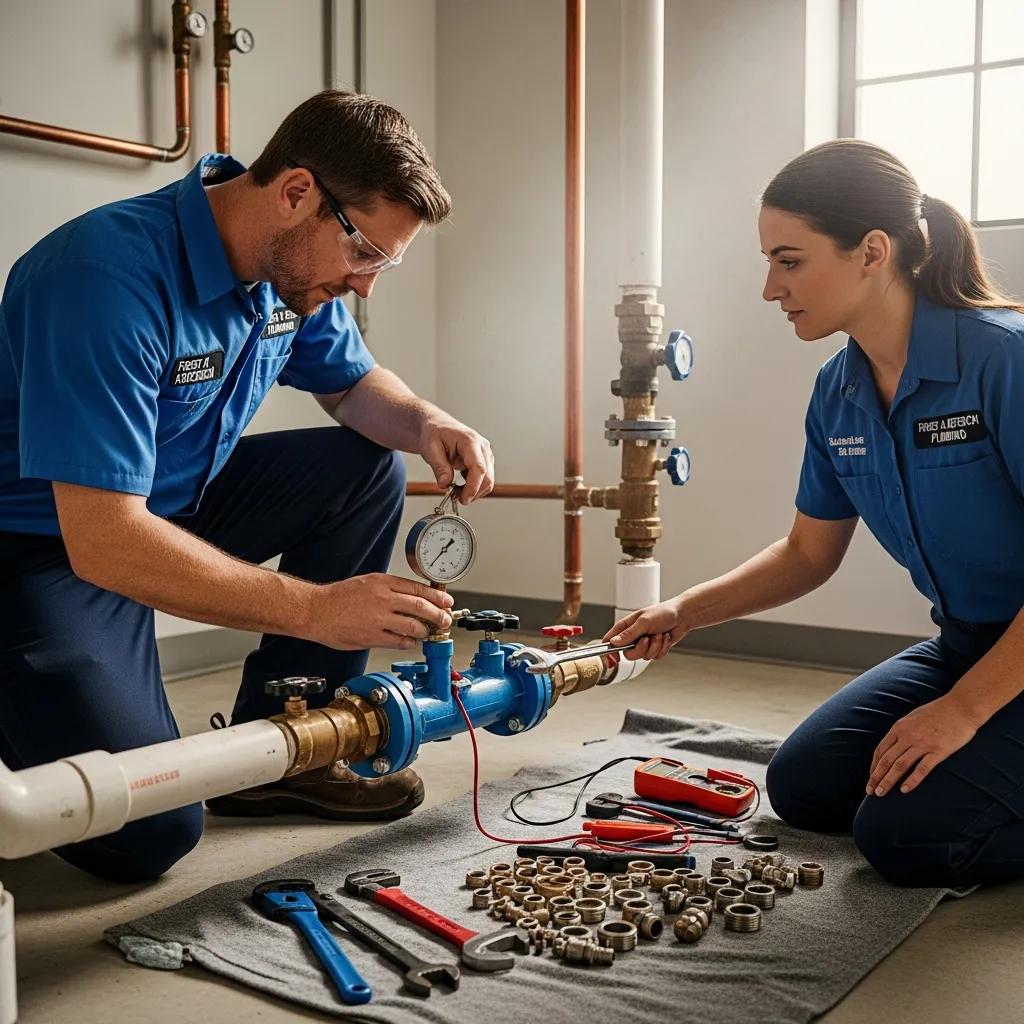 Plumbing technicians from Frost & Kretsch Plumbing performing backflow prevention testing with tools and equipment, emphasizing teamwork and professionalism in a service setting.