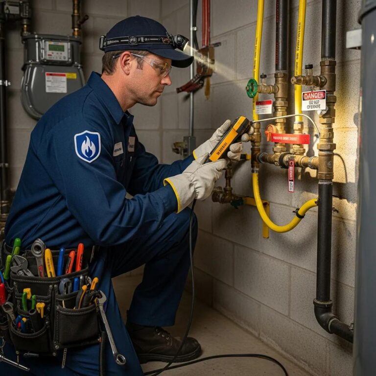 Gas line technician inspecting a residential gas line with safety equipment