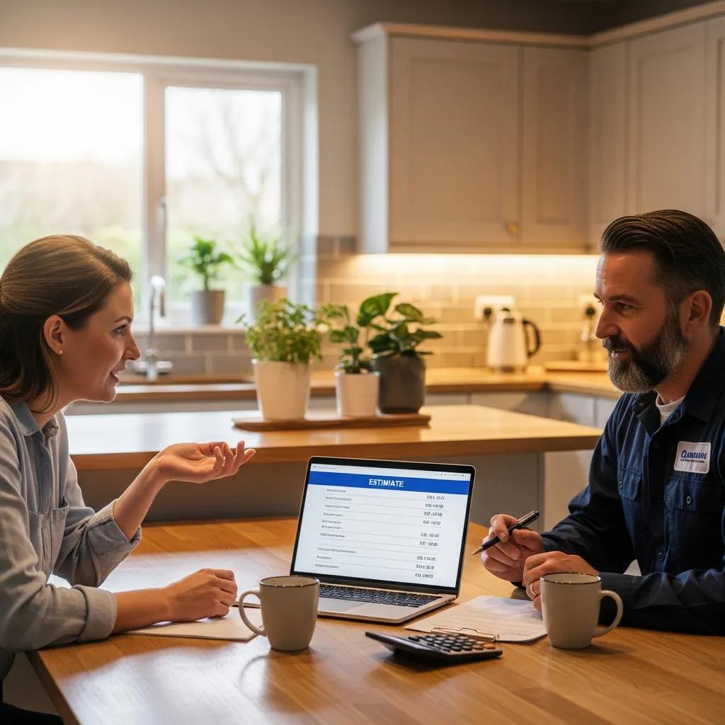 Homeowner reviewing water heater replacement cost estimates with a Frost & Kretsch plumber