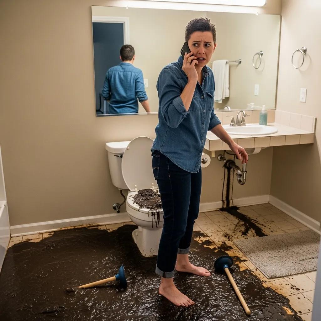 Homeowner facing a sewage backup in a bathroom that requires emergency plumbing