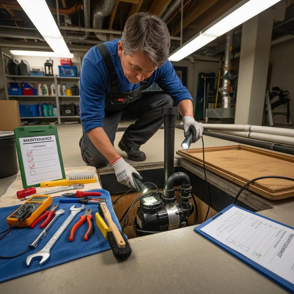 Homeowner checking a sump pump and battery backup to extend system life