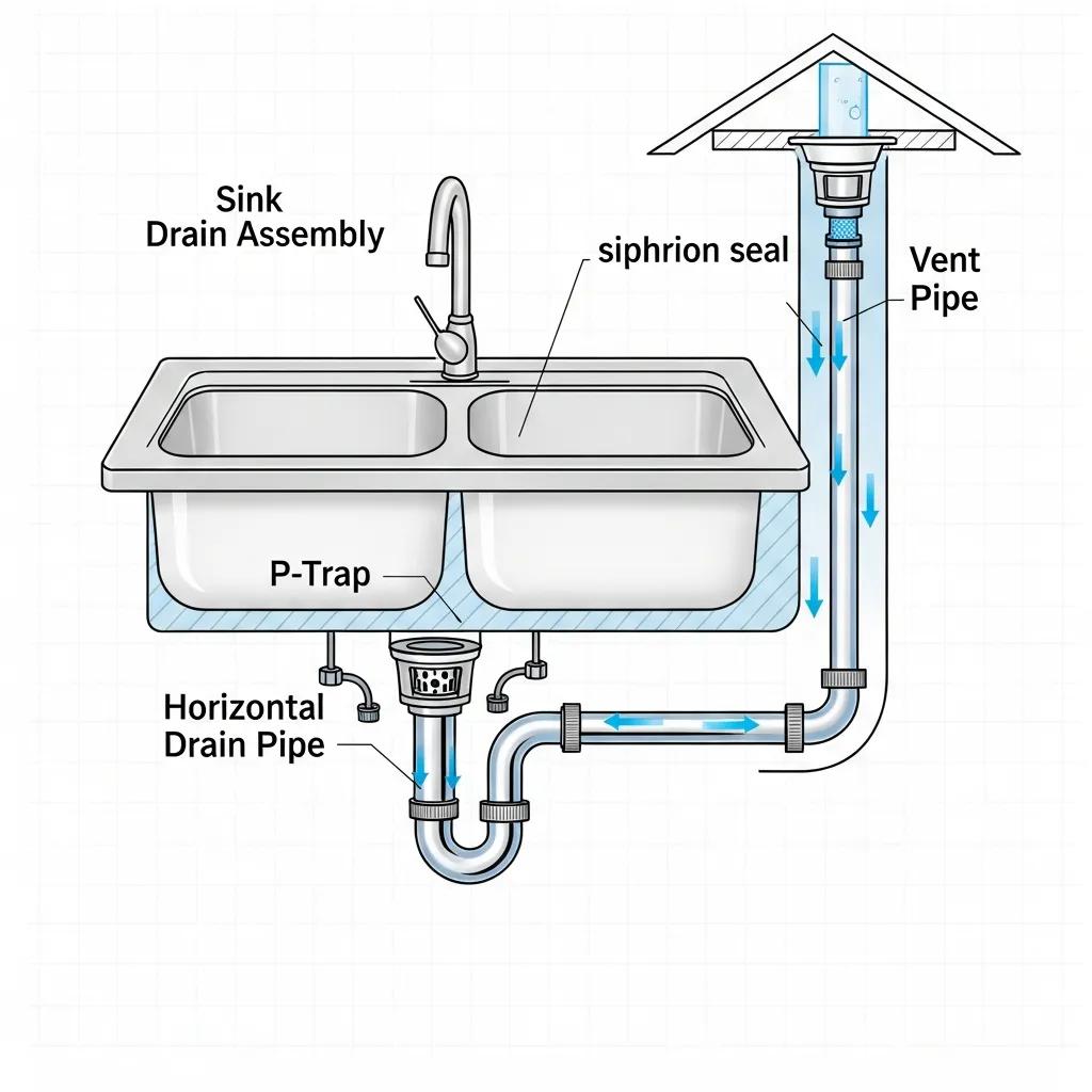 Simple kitchen sink plumbing diagram showing sink, trap, vent, and supply points
