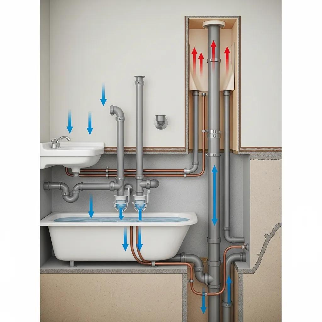Diagram showing venting and drainage components for a bathroom plumbing system