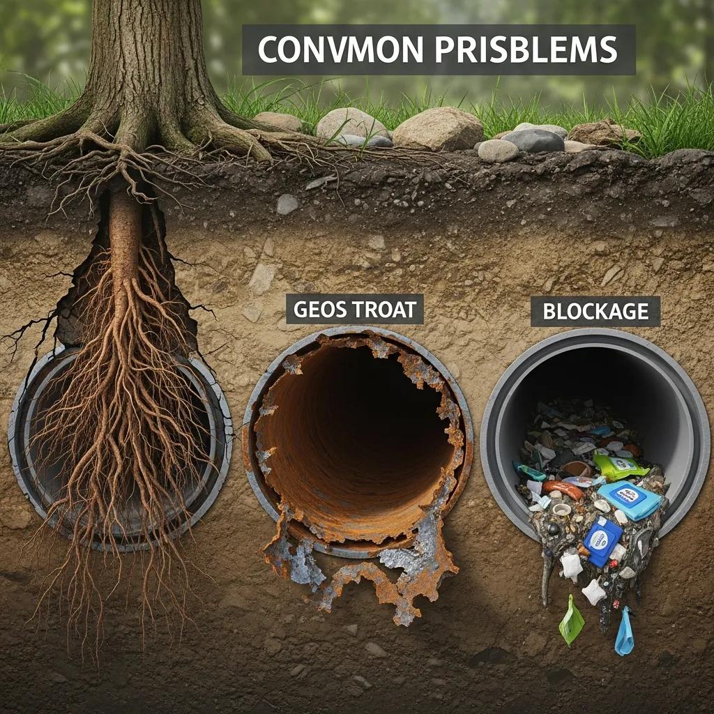 Illustration depicting common sewer line problems, including tree roots infiltrating pipes, corroded sewer lines labeled "GEOS TROAT," and blockages filled with debris, relevant to sewer repair issues in Livonia.