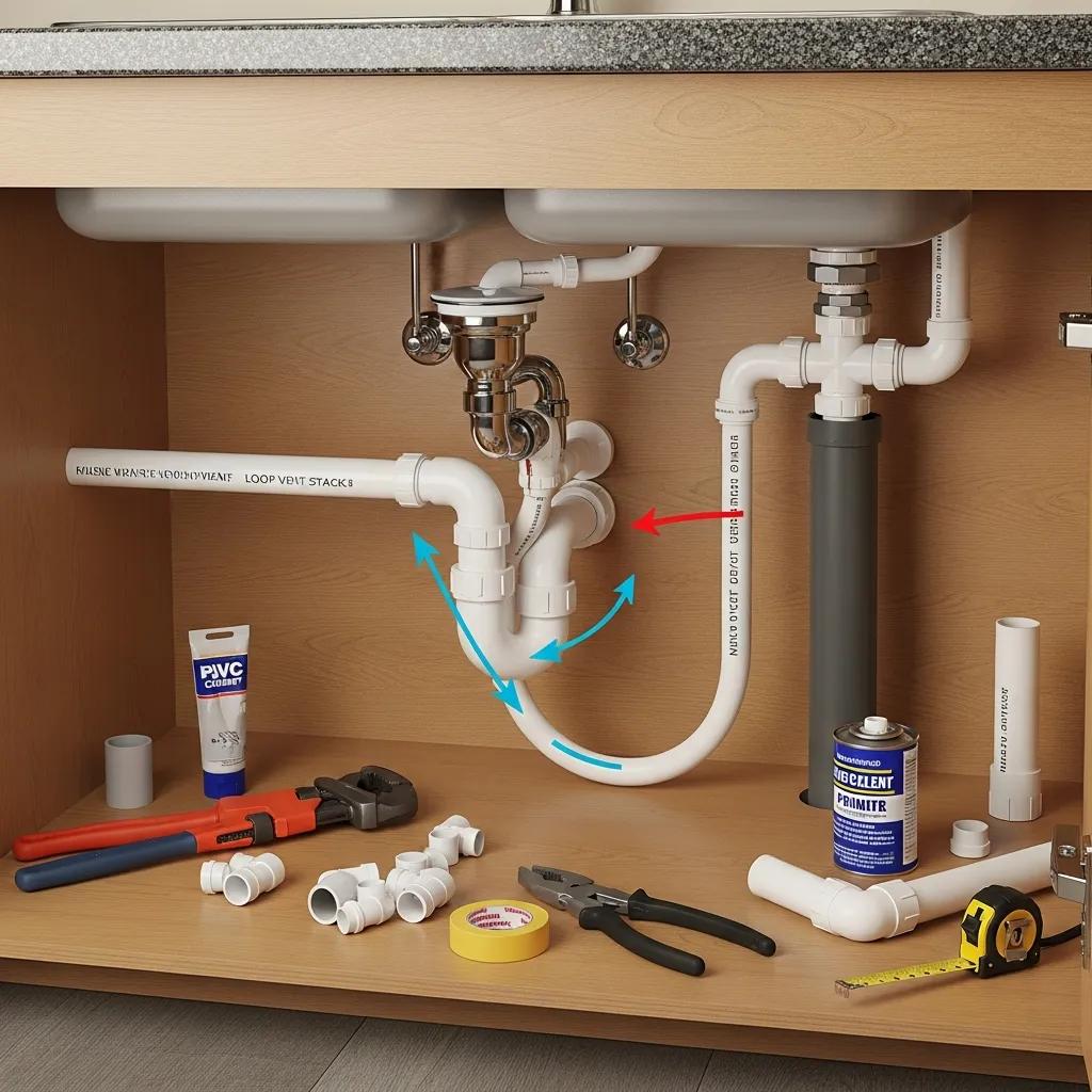 Example of a Chicago loop vent installed for an island sink