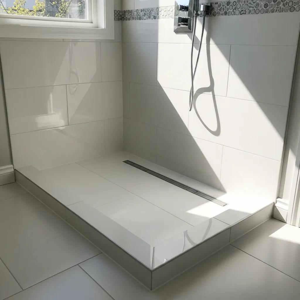 Modern bathroom featuring a newly installed curbless shower pan with linear drain and elegant tiles
