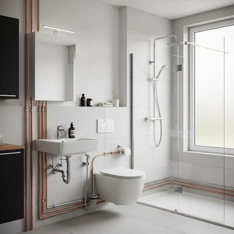 Modern bathroom plumbing layout with visible fixtures and efficient design