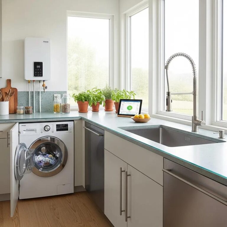 Modern kitchen featuring water-efficient appliances like a low-flow faucet and high-efficiency washing machine