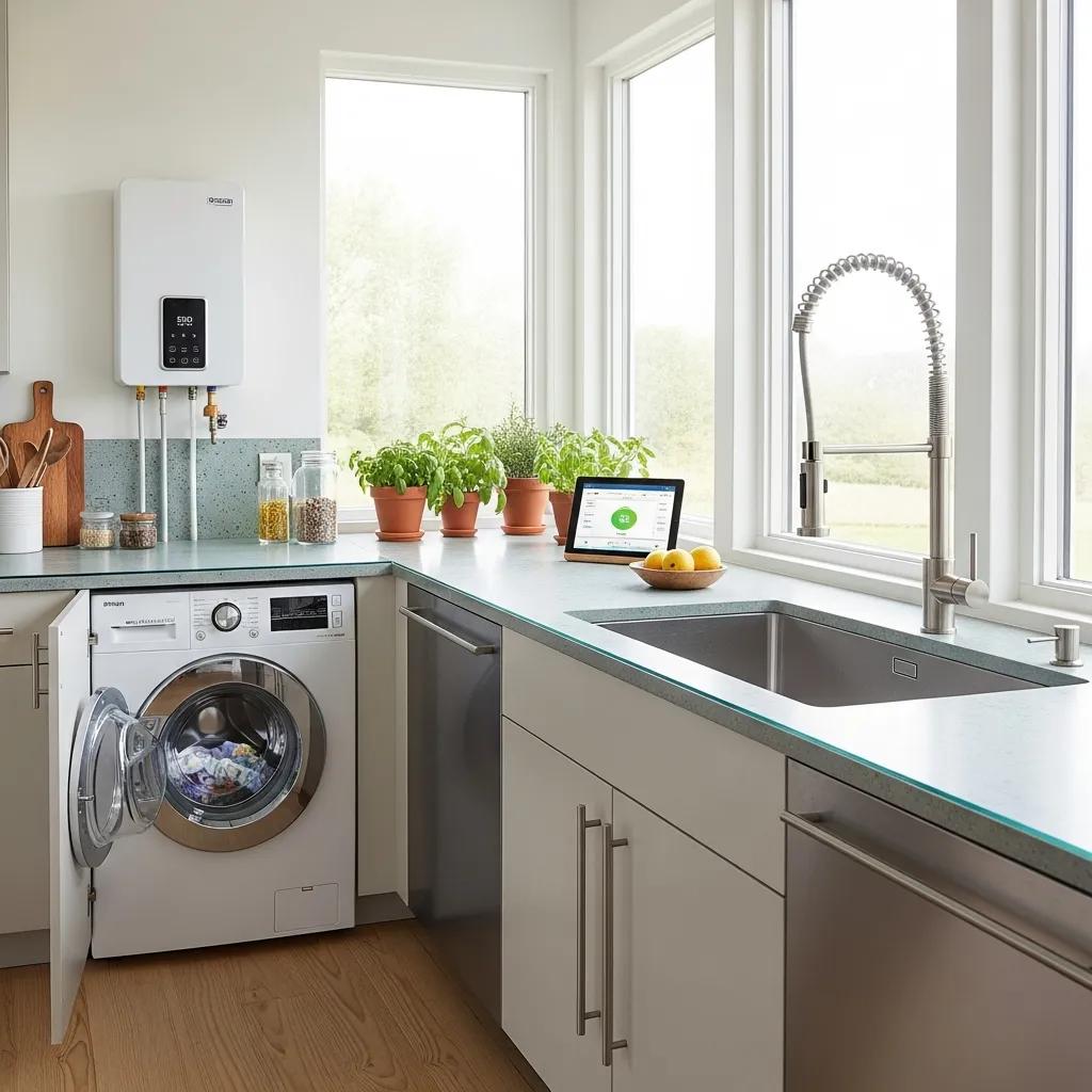 Modern kitchen featuring water-efficient appliances like a low-flow faucet and high-efficiency washing machine