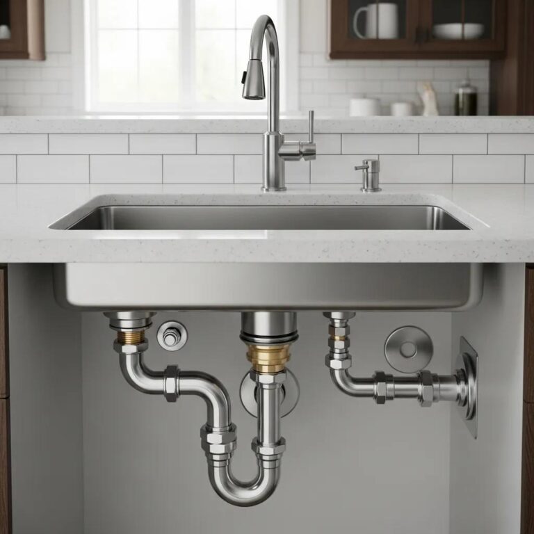 Modern kitchen sink with visible plumbing components illustrating installation concepts