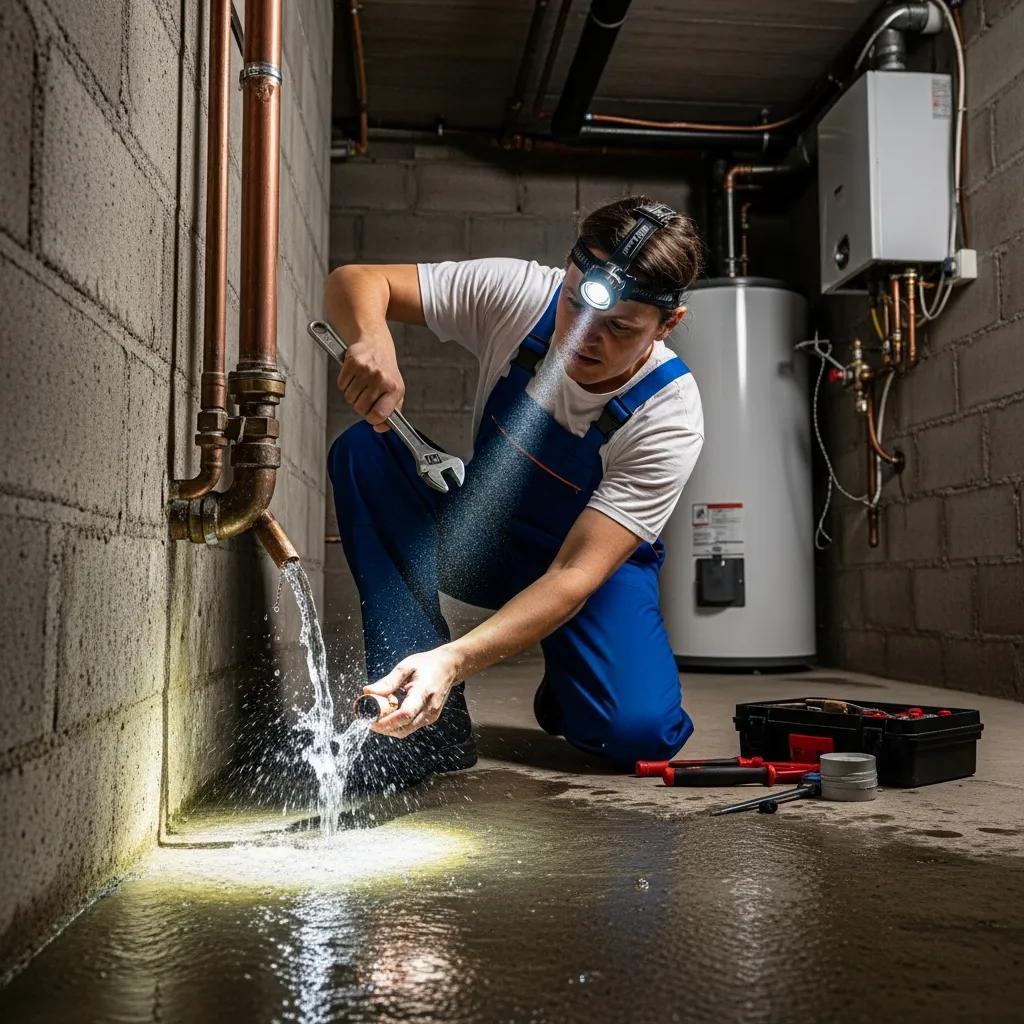 Technician fixing a burst pipe in a New Baltimore home