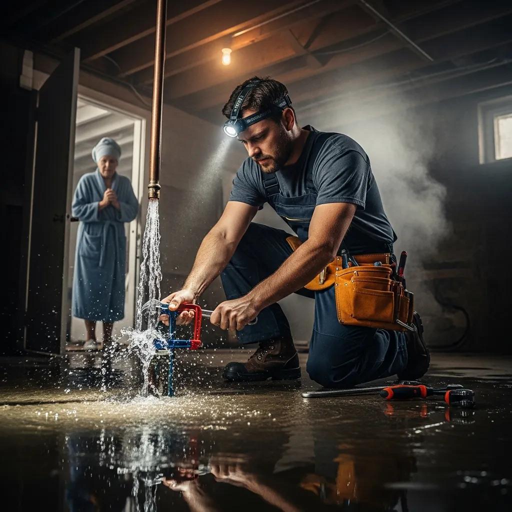 Plumber responding to a burst pipe and standing water in a home — emergency plumbing