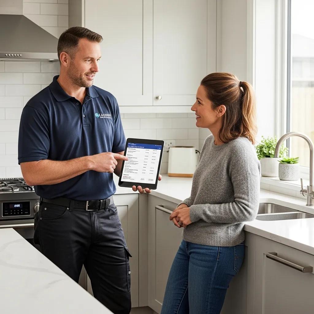 Plumber talking through emergency repair costs with a homeowner in a kitchen