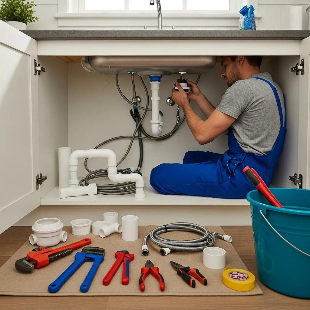 Plumber installing a kitchen sink, showing tools and plumbing parts during the install