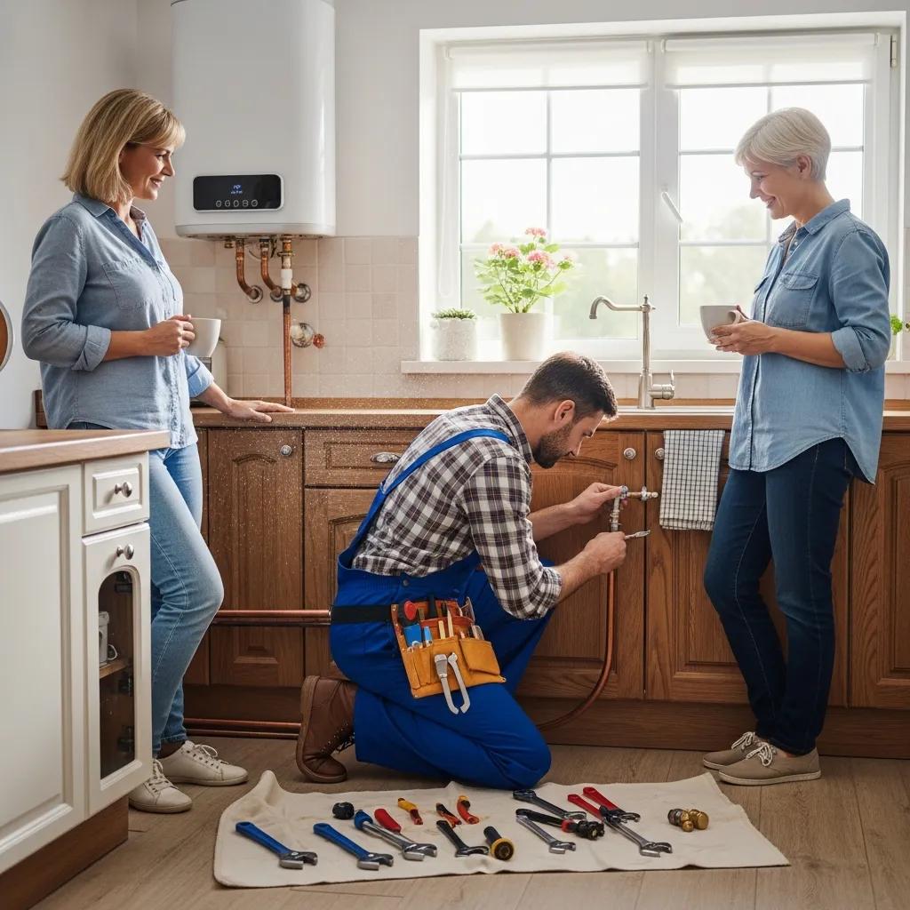 Plumber installing a new water heater in a kitchen — reliable residential service