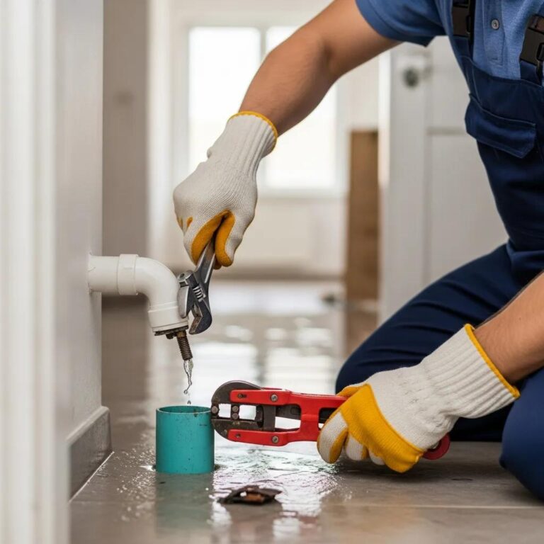 Plumber repairing a burst pipe in a flooded home, showcasing emergency plumbing services