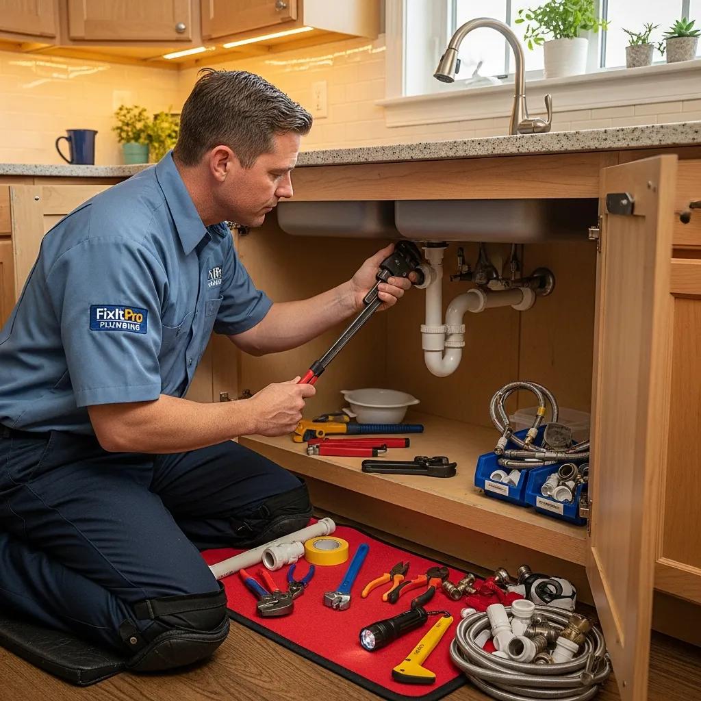 Plumber repairing a sink with tools in a well-lit residential setting