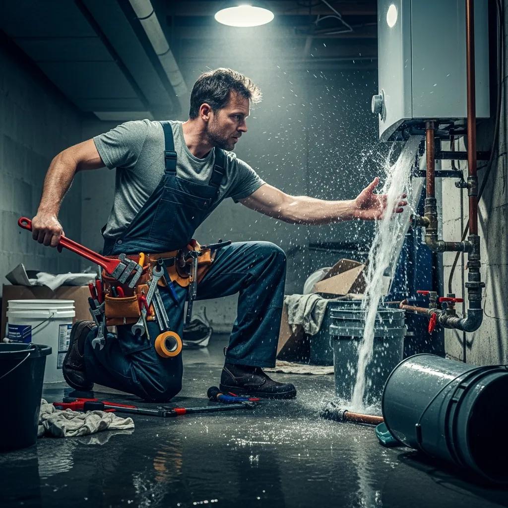 Plumber responding to a burst pipe emergency inside a home