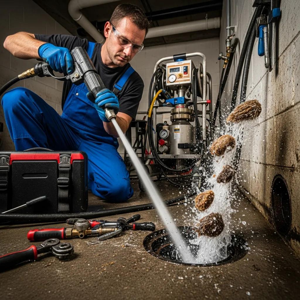Technician operating hydro jetting equipment to clear a drain