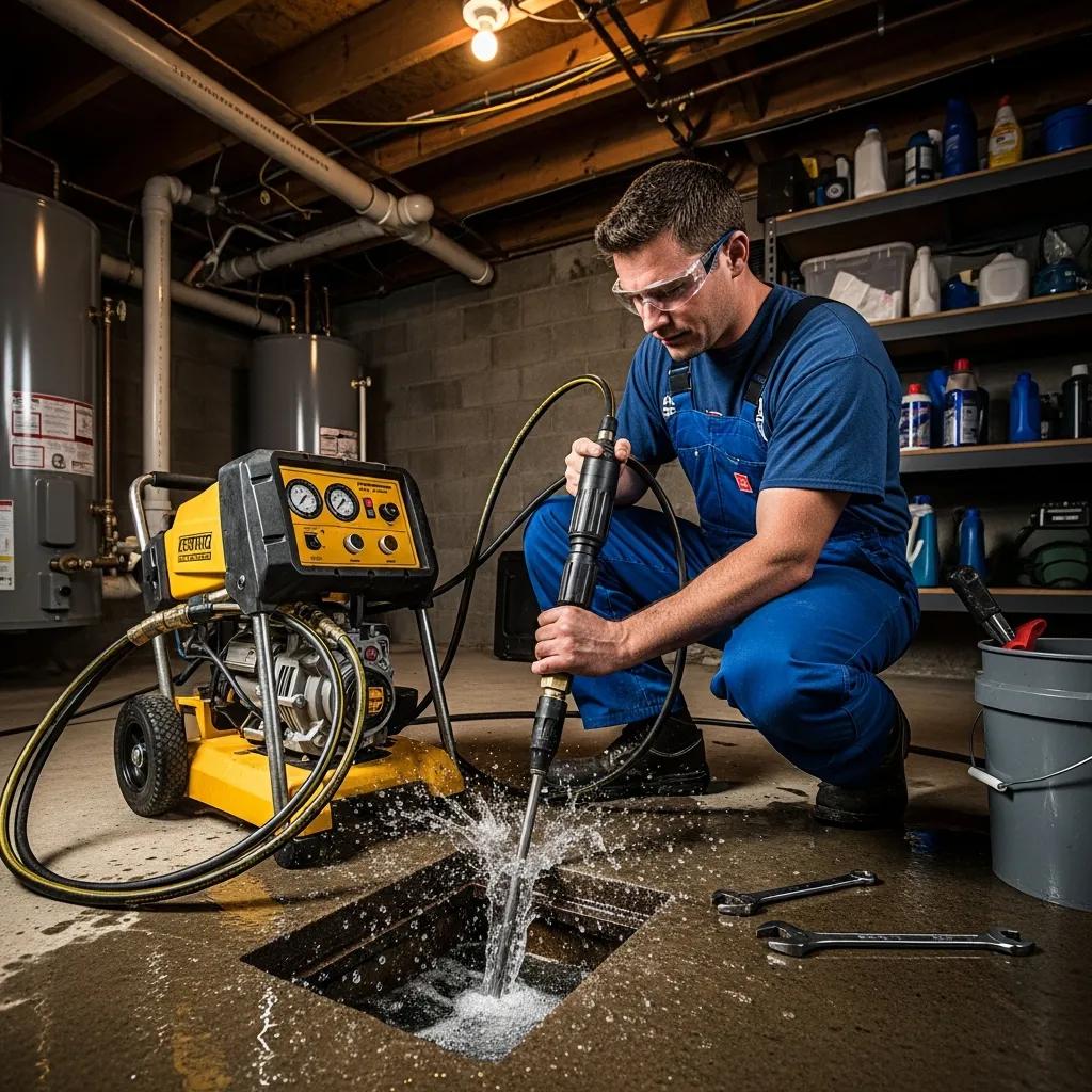 Technician using hydro jetting to clear a residential drain — professional drain maintenance