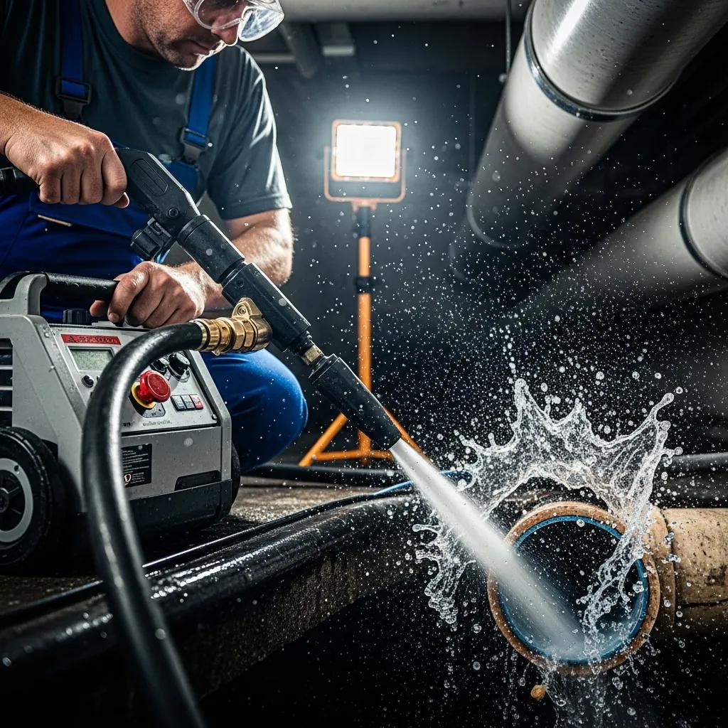 Technician operating hydro jetting equipment to clean a sewer line — advanced plumbing technique