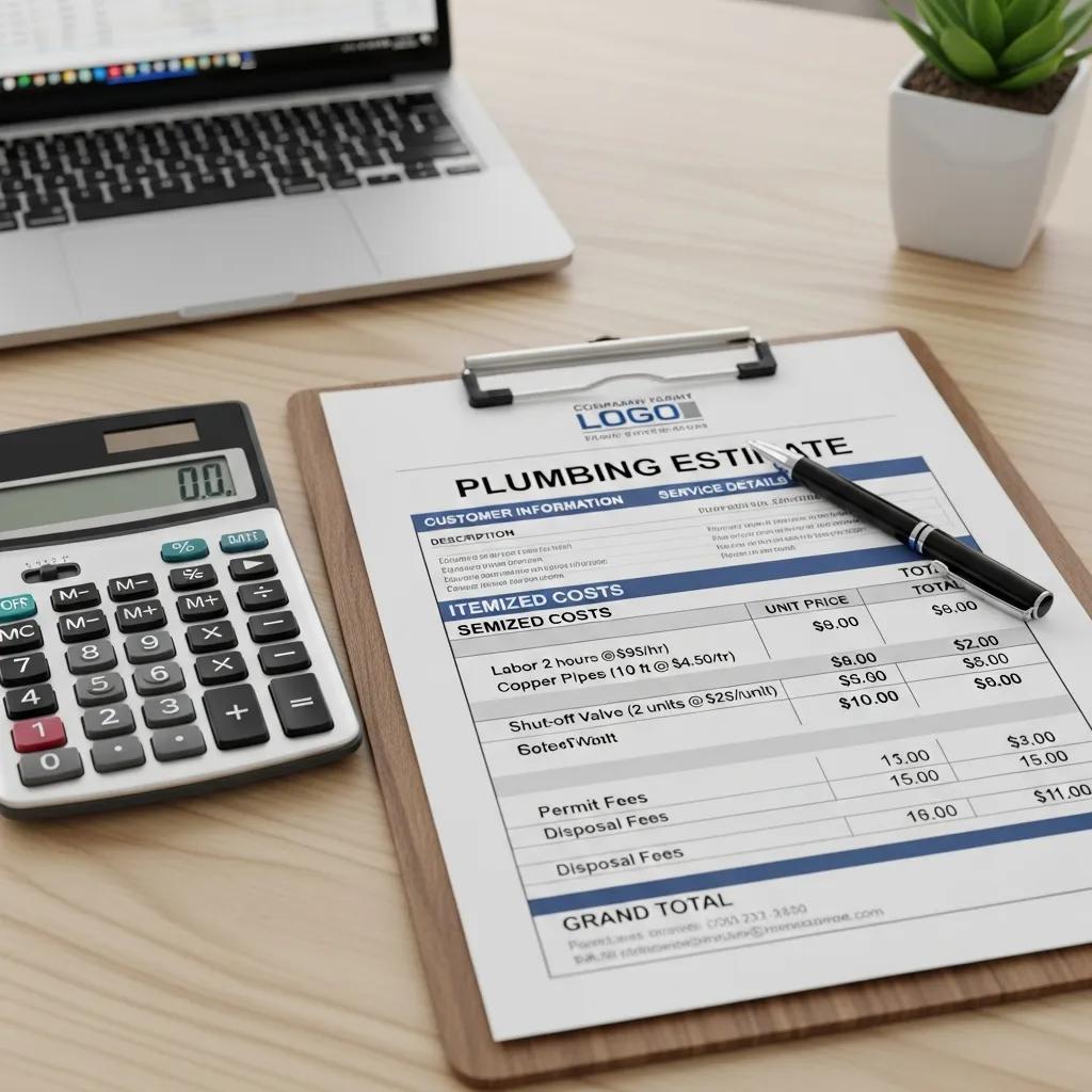Plumbing estimate document with itemized costs, including labor, parts, and fees, emphasizing transparency in pricing for homeowners considering plumbing services.