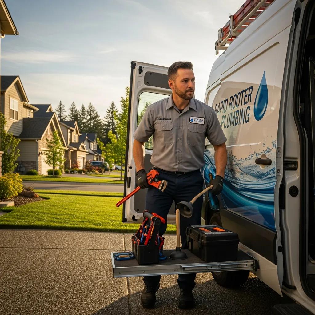 Plumbing technician arriving in an emergency service vehicle to a home in Sterling Heights